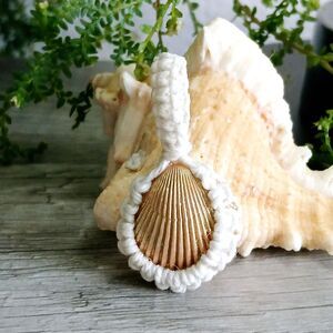 Macrame Seashell Pendant, Shell Jewelry, Gold Shell Pendant 2"